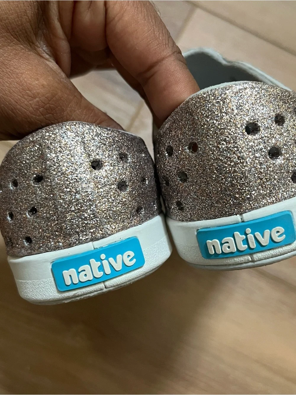 Native Jefferson natives rose gold glitter slip on sandals water shoes C9